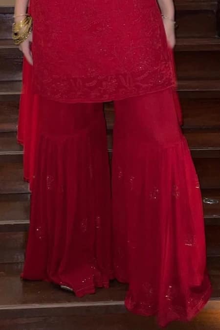 LABEL AISHWARYRIKA_Red Georgette, Pure Chiffon Mughal U Neck Chikankari Kurta Gharara Set _at_Aza_Fashions