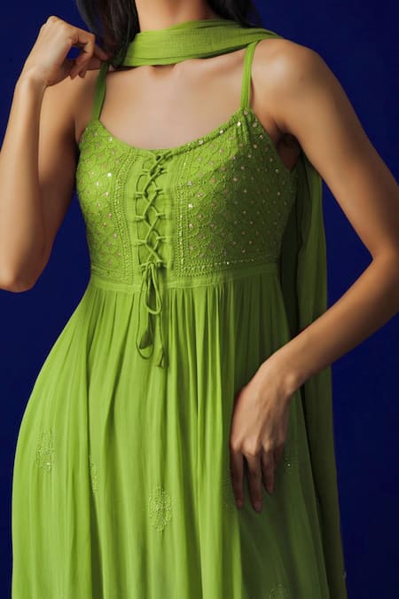 LABEL AISHWARYRIKA Green Dupatta Chiffon, Kurta Georgette, Pant Cotton Chikankari, Anarkali Set Online at Aza Fashions LABEL AISHWARYRIKA_Green Dupatta Chiffon, Kurta Georgette, Pant Cotton Chikankari, Anarkali Set _Online_at_Aza_Fashions