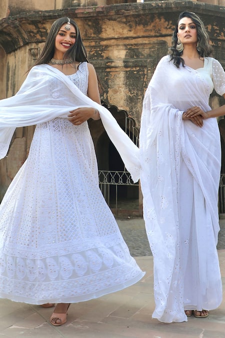 Buy_LABEL AISHWARYRIKA_White Georgette Chikankari Scoop Neck Anarkali Set _Online_at_Aza_Fashions
