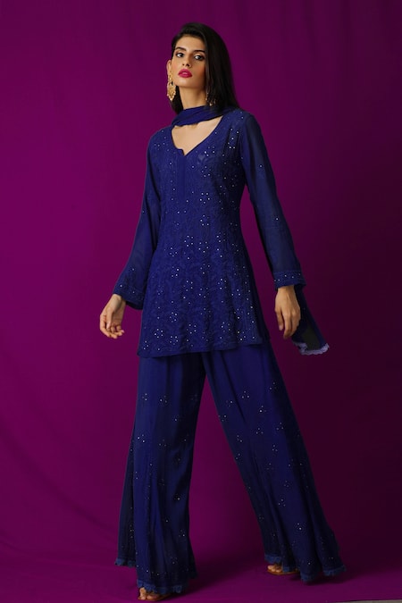 LABEL AISHWARYRIKA Georgette Chikankari Kurta Sharara Set 