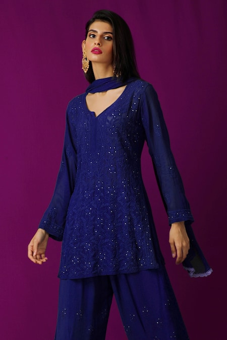 LABEL AISHWARYRIKA_Blue Georgette Chikankari Kurta Sharara Set _Online_at_Aza_Fashions