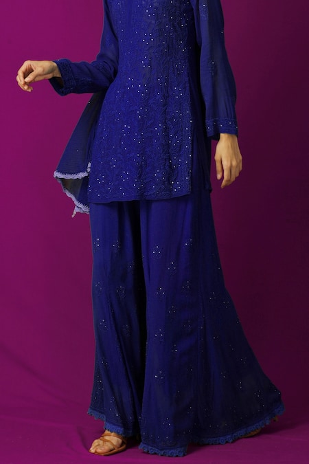 LABEL AISHWARYRIKA_Blue Georgette Chikankari Kurta Sharara Set _at_Aza_Fashions