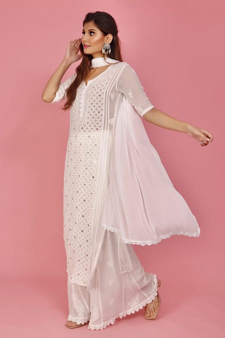 LABEL AISHWARYRIKA_White Georgette Mukaish Embroidered Kurta Sharara Set _Online_at_Aza_Fashions