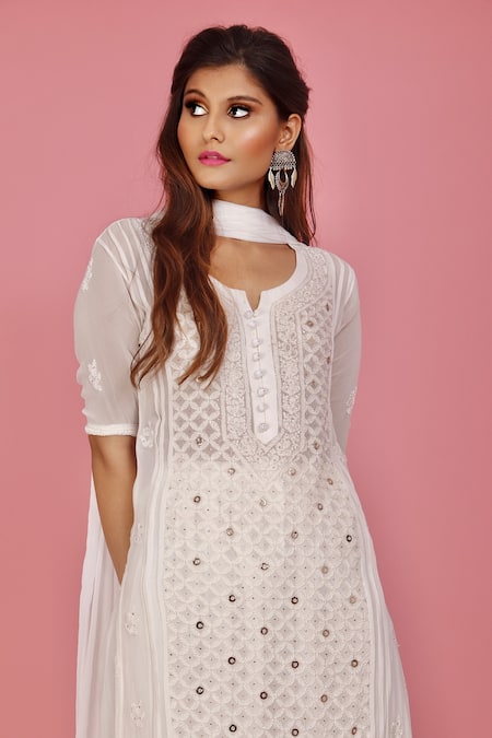 Buy_LABEL AISHWARYRIKA_White Georgette Mukaish Embroidered Kurta Sharara Set _Online_at_Aza_Fashions