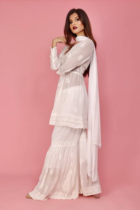 Buy_LABEL AISHWARYRIKA_White Georgette Chikankari V Neck Angarkha _Online_at_Aza_Fashions