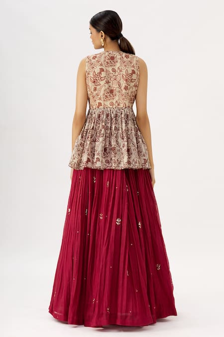 Label Anushree Chanderi Organza Kalamkari Peplum Tunic & Lehenga Set 