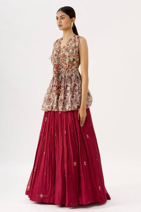 Label Anushree_Red Organza, Chanderi V Neck Kalamkari Peplum Tunic And Lehenga Set _Online_at_Aza_Fashions