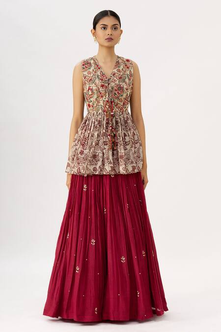 Buy_Label Anushree_Red Organza, Chanderi V Neck Kalamkari Peplum Tunic And Lehenga Set _Online_at_Aza_Fashions