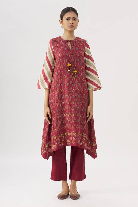 Label Anushree_Maroon Silk Round Asymmetric Kurta And Pant Set  _Online_at_Aza_Fashions