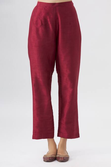 Shop_Label Anushree_Maroon Silk Round Asymmetric Kurta And Pant Set  _Online_at_Aza_Fashions