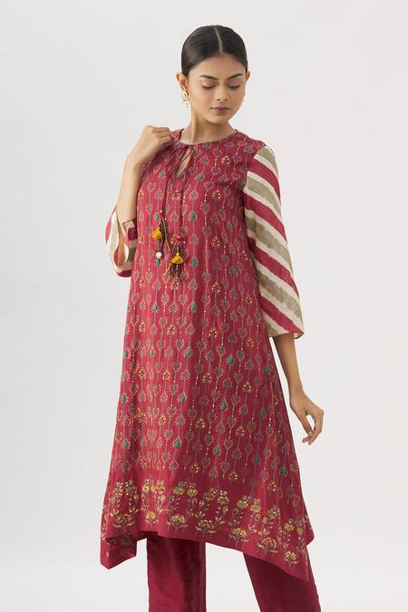 Label Anushree_Maroon Silk Round Asymmetric Kurta And Pant Set  _at_Aza_Fashions