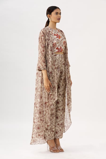 Label Anushree_White Silk, Organza Round Kalamkari Jacket And Pant Set _Online_at_Aza_Fashions