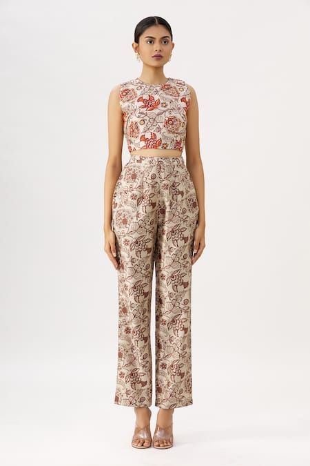 Buy_Label Anushree_White Silk, Organza Round Kalamkari Jacket And Pant Set _Online_at_Aza_Fashions