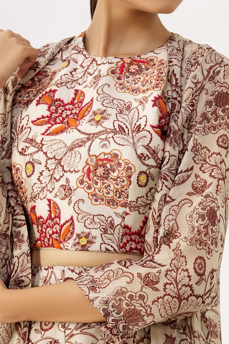 Label Anushree_White Silk, Organza Round Kalamkari Jacket And Pant Set _at_Aza_Fashions