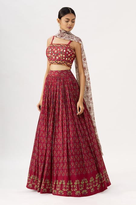 Label Anushree_Maroon Silk Square Neck Block Print Pleated Lehenga Set _Online_at_Aza_Fashions
