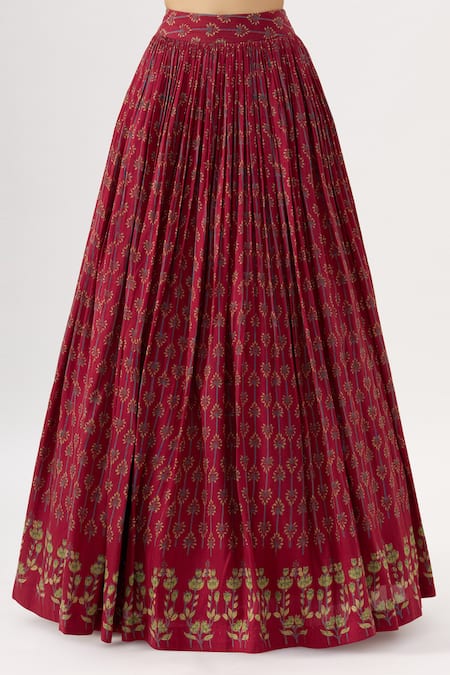 Shop_Label Anushree_Maroon Silk Square Neck Block Print Pleated Lehenga Set _Online_at_Aza_Fashions