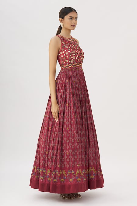 Label Anushree_Maroon Silk Round Block Print Gown _Online_at_Aza_Fashions