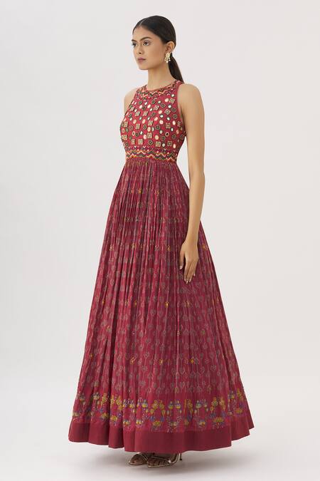 Buy_Label Anushree_Maroon Silk Round Block Print Gown _Online_at_Aza_Fashions