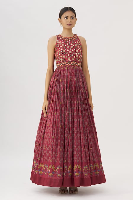 Shop_Label Anushree_Maroon Silk Round Block Print Gown _Online_at_Aza_Fashions