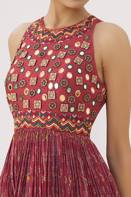 Label Anushree_Maroon Silk Round Block Print Gown _at_Aza_Fashions