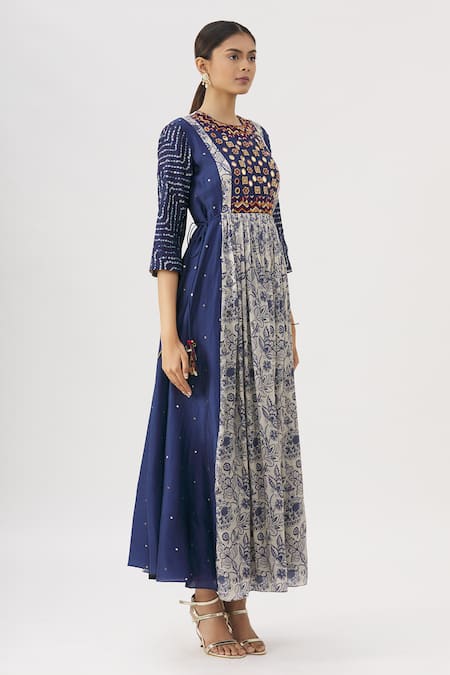 Label Anushree_Blue Silk, Chanderi Round Flared Tunic _Online_at_Aza_Fashions