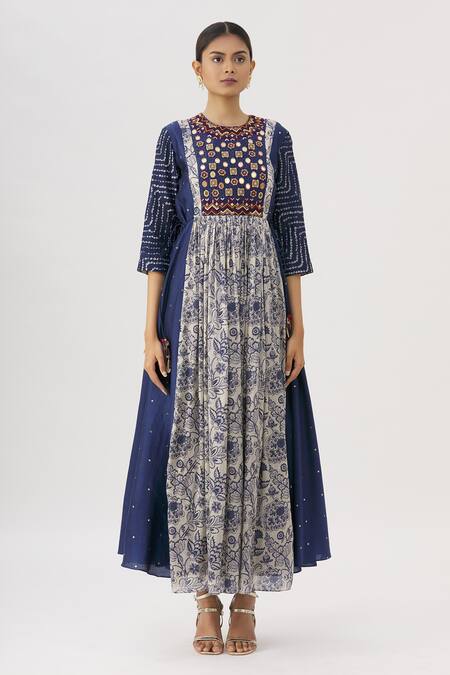 Shop_Label Anushree_Blue Silk, Chanderi Round Flared Tunic _Online_at_Aza_Fashions