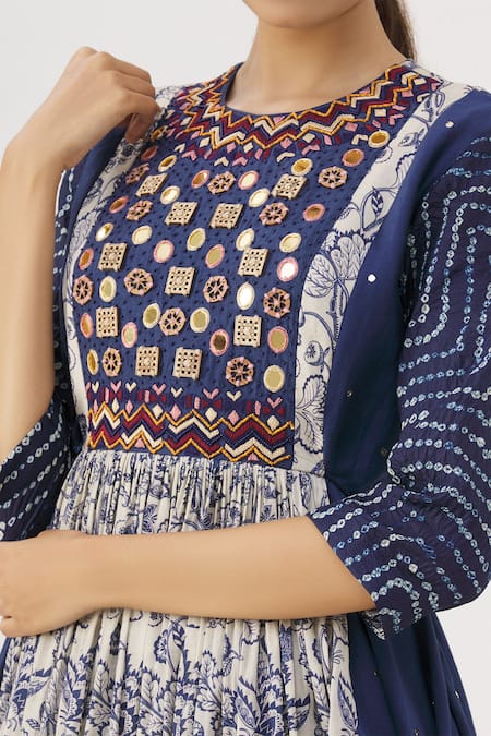 Label Anushree_Blue Silk, Chanderi Round Flared Tunic _at_Aza_Fashions