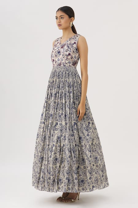 Label Anushree_White Silk V Neck Kalamkari Printed Maxi Dress _Online_at_Aza_Fashions