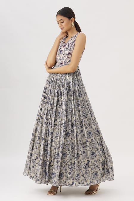 Buy_Label Anushree_White Silk V Neck Kalamkari Printed Maxi Dress _Online_at_Aza_Fashions