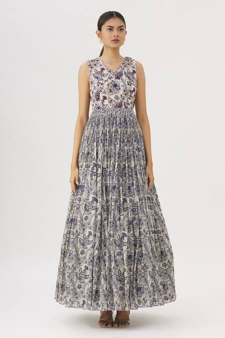 Shop_Label Anushree_White Silk V Neck Kalamkari Printed Maxi Dress _Online_at_Aza_Fashions