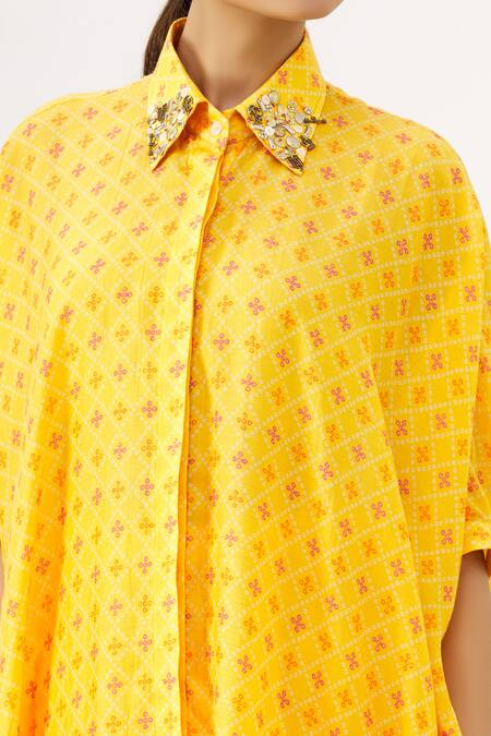 Label Anushree_Yellow Silk Spread Collar Bandhani Asymmetric Shirt Tunic And Pant Set  _at_Aza_Fashions