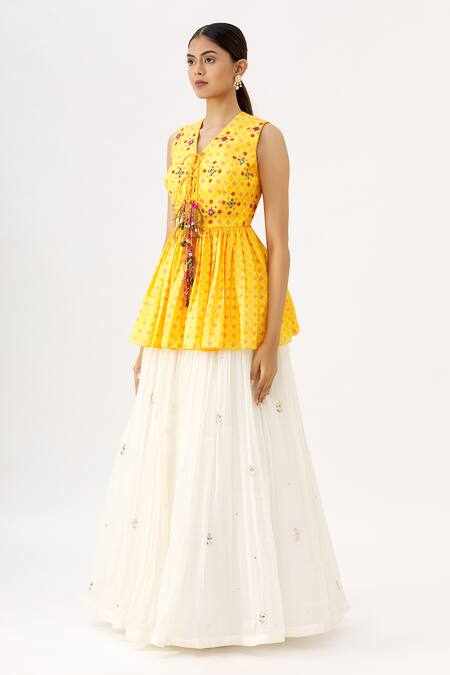 Label Anushree_Yellow Silk V Neck Bandhani Peplum Tunic And Lehenga Set _Online_at_Aza_Fashions