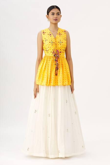 Buy_Label Anushree_Yellow Silk V Neck Bandhani Peplum Tunic And Lehenga Set _Online_at_Aza_Fashions