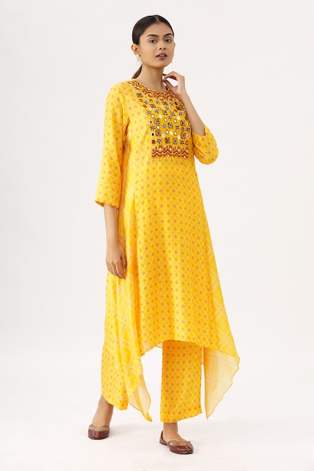 Label Anushree Bandhani Silk Asymmetric Kurta & Pant Set 