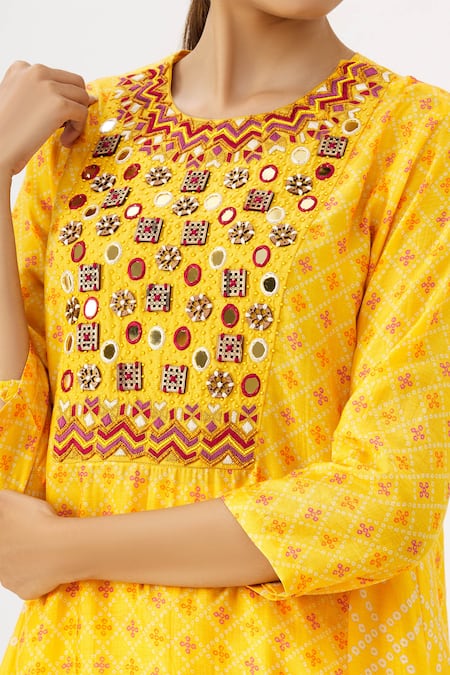 Label Anushree_Yellow Silk Round Bandhani Asymmetric Kurta And Pant Set _at_Aza_Fashions