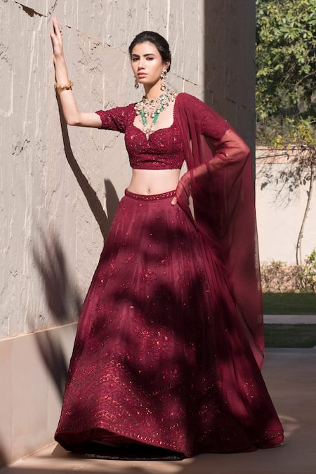 Buy Red color semi-velvet bridal lehenga choli at fealdeal.com