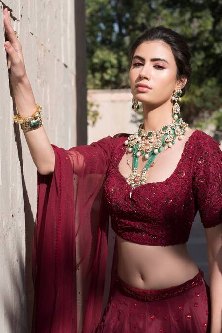 Shop Sahil Kochhar Red Net, Silk Organza Leaf Neck Laali Bridal Lehenga Set at Aza Fashions Shop_Sahil Kochhar_Red Net, Silk Organza Leaf Neck Laali Bridal Lehenga Set _at_Aza_Fashions