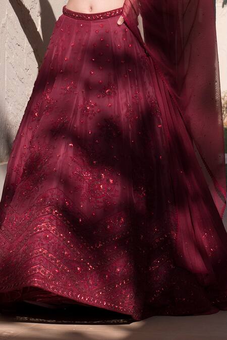 Buy Sahil Kochhar Red Net, Silk Organza Leaf Neck Laali Bridal Lehenga Set Online at Aza Fashions Buy_Sahil Kochhar_Red Net, Silk Organza Leaf Neck Laali Bridal Lehenga Set _Online_at_Aza_Fashions