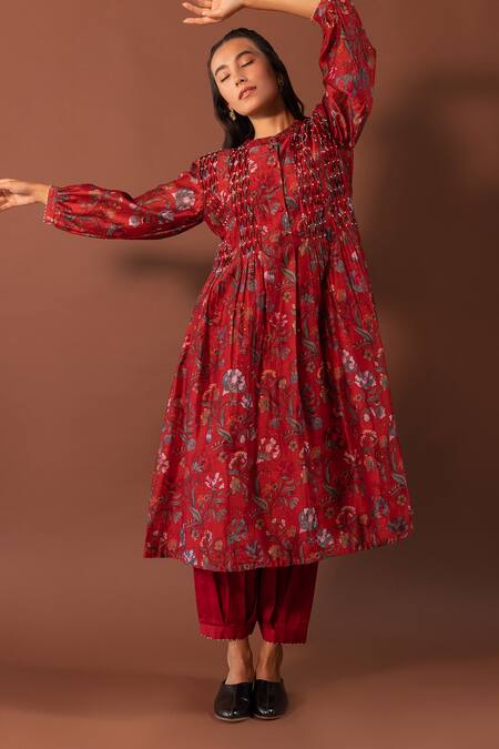 Khamaj India_Red Kurta Chanderi Embroidery Pearls Round Lagom Floral Print And Pant Set_Online_at_Aza_Fashions