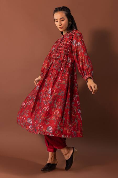 Buy_Khamaj India_Red Kurta Chanderi Embroidery Pearls Round Lagom Floral Print And Pant Set_Online_at_Aza_Fashions
