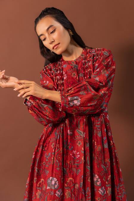 Shop_Khamaj India_Red Kurta Chanderi Embroidery Pearls Round Lagom Floral Print And Pant Set_Online_at_Aza_Fashions
