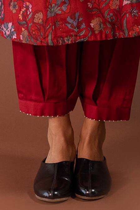 Khamaj India_Red Kurta Chanderi Embroidery Pearls Round Lagom Floral Print And Pant Set_at_Aza_Fashions