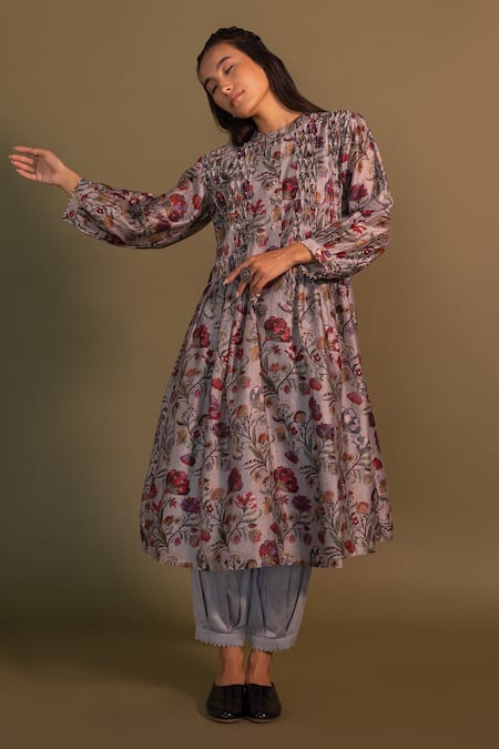 Khamaj India Grey Kurta Chanderi Embroidery Pearls Round Lagom Floral Print And Pant Set 