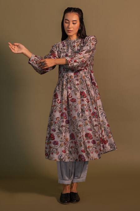 Khamaj India_Grey Kurta Chanderi Embroidery Pearls Round Lagom Floral Print And Pant Set_Online_at_Aza_Fashions