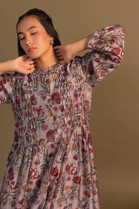 Buy_Khamaj India_Grey Kurta Chanderi Embroidery Pearls Round Lagom Floral Print And Pant Set_Online_at_Aza_Fashions
