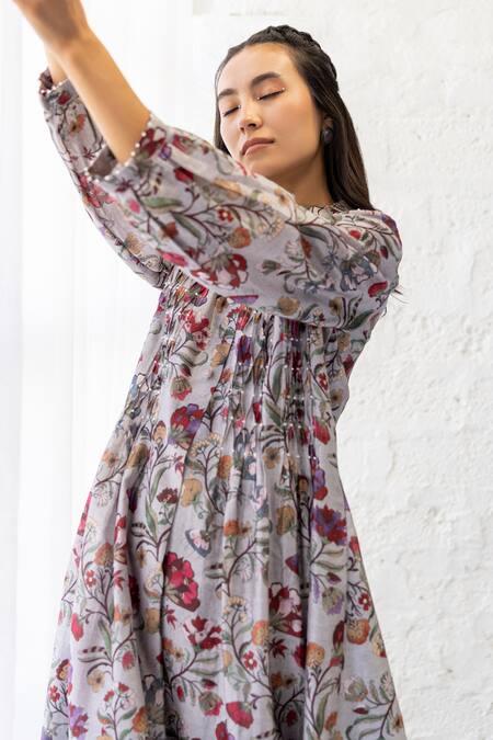 Shop_Khamaj India_Grey Kurta Chanderi Embroidery Pearls Round Lagom Floral Print And Pant Set_Online_at_Aza_Fashions