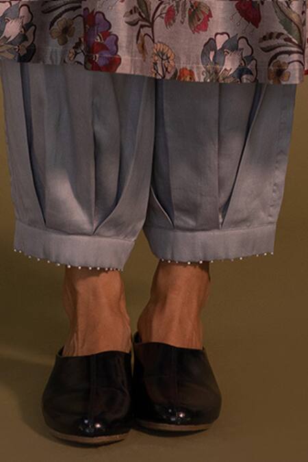 Khamaj India_Grey Kurta Chanderi Embroidery Pearls Round Lagom Floral Print And Pant Set_at_Aza_Fashions