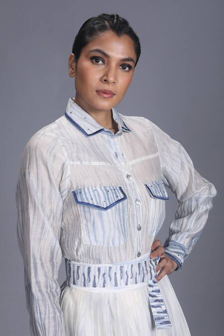 The Loom Art Blue Chanderi Silk Shibori Shirt at Aza Fashions The Loom Art_Blue Chanderi Silk Shibori Shirt _at_Aza_Fashions