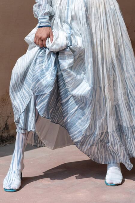 Shop_The Loom Art_Blue Chanderi Silk Shibori Pleated Skirt With Belt _Online_at_Aza_Fashions