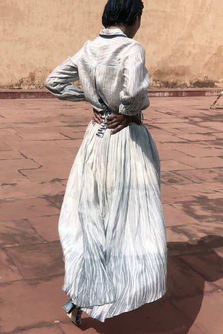 Shop_The Loom Art_Blue Chanderi Silk Shibori Pleated Skirt With Belt _at_Aza_Fashions